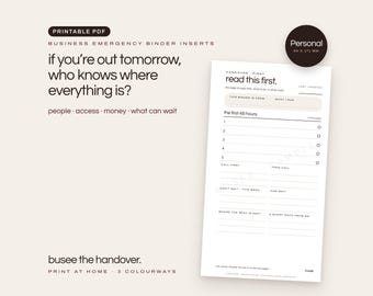 個人事業用緊急バインダー挿入物、印刷可能なPDF | BUSEE The Handover