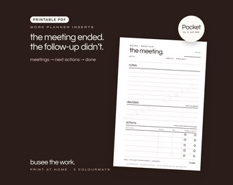 Pocket Work Planner Inserts, Meetings & Follow-Ups, Printable PDF | BUSEE The Work