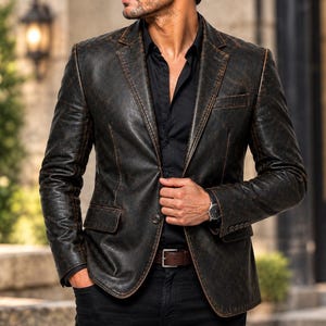 Könnte beinhalten: Ein dunkelbrauner Blazer aus Distressed-Leder mit steigendem Revers, einem Knopfverschluss, zwei Pattentaschen und vier Knöpfen an jedem Ärmelaufschlag, getragen über einem schwarzen Hemd mit braunem Ledergürtel und schwarzer Hose.