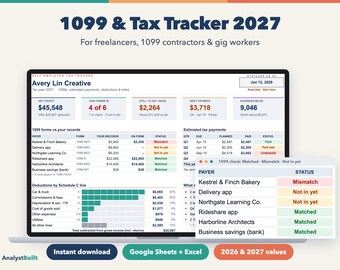 1099 Tax Tracker Spreadsheet 2027, Quarterly Tax Payments and Mileage (Google Sheets & Excel)