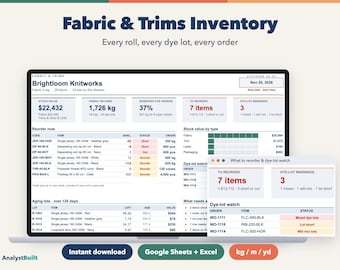 Fabric Inventory Spreadsheet for Sewing Factories, Rolls and Dye Lots, Trims Stock, Reserved per Order (Google Sheets & Excel)
