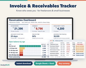 Invoice Tracker Spreadsheet, Accounts Receivable and Overdue Payments Log (Google Sheets & Excel)