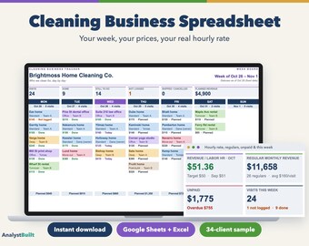 Cleaning Business Spreadsheet, Client Schedule, Job Log and Quote Calculator (Google Sheets & Excel)