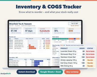 Inventory Tracker Spreadsheet, Stock Reorder List and COGS by Month (Google Sheets & Excel)