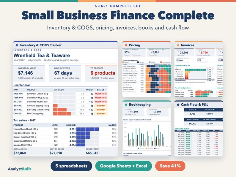 Small Business Spreadsheet Bundle for Product Sellers: Inventory, Pricing, Bookkeeping, Invoices, Cash Flow image 1