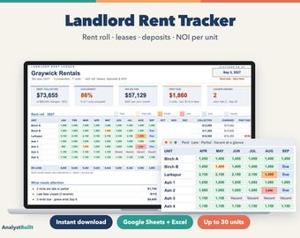 Landlord Rent Tracker Spreadsheet, Rental Income Ledger and Lease Log (Google Sheets & Excel)