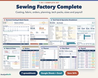 Sewing Factory Spreadsheet Bundle: Garment Costing, Fabric Inventory, Order Tracker, Production Planner, Tech Pack, Size Grading, Payroll