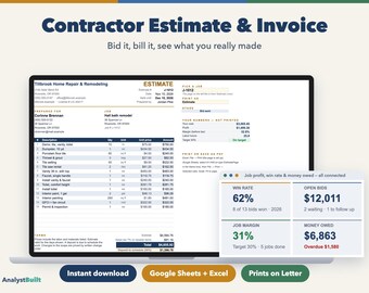 Contractor Estimate Template, Handyman Invoice and Job Cost Tracker (Google Sheets & Excel)