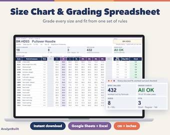 Size Chart and Grading Spreadsheet for Clothing Brands, Graded Specs XS to 6XL, Short and Tall Fits, cm and Inches, Google Sheets & Excel