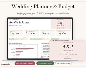 Wedding Planner Spreadsheet, Budget Tracker, Guest List and Seating Chart (Google Sheets & Excel)