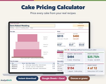Cake Pricing Calculator Spreadsheet, Recipe Cost and Bakery Order Tracker (Google Sheets & Excel)