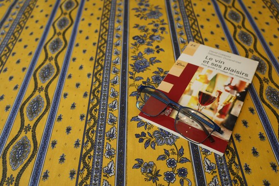 Square tablecloth, country French kitchen. stain resistant cotton coated fabric. Spill proof Easy care linen floral print yellow and blue