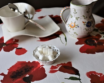 Small Round bistro patio cotton Tablecloth. Fabric with Red Poppies print in white. Provence kitchen linen gift for her. Provencal setting