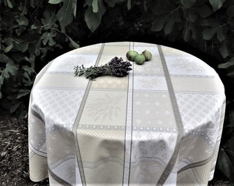 Small round tablecloth beige Jacquard Cotton Coated fabric. Wipe-able Easy care wipe off stain Waterproof and washable linen. Spring outdoor