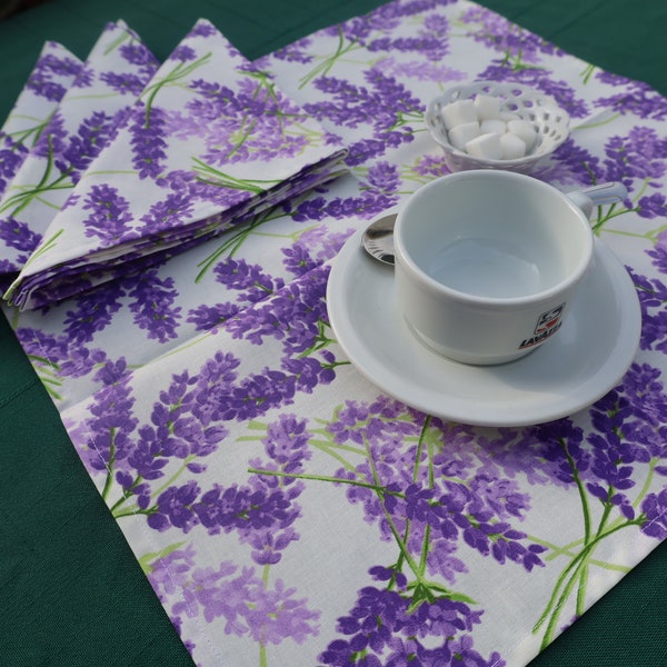 Cotton cloth square printed napkin. Gift for lavender lover. Provencal print from Provence. Spring Summer kitchen linen. Purple white green