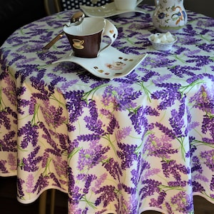 Purple Lavender print. Round cotton coated tablecloth French oilcloth outdoor fabric. Provence gift for her Easy care fabric Stain proof