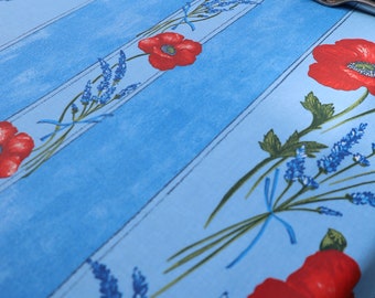 French oilcloth Square tablecloth. Easy care Wipeable Stain free kitchen linen. Cotton coated fabric. Provence poppy Lavender print blue red
