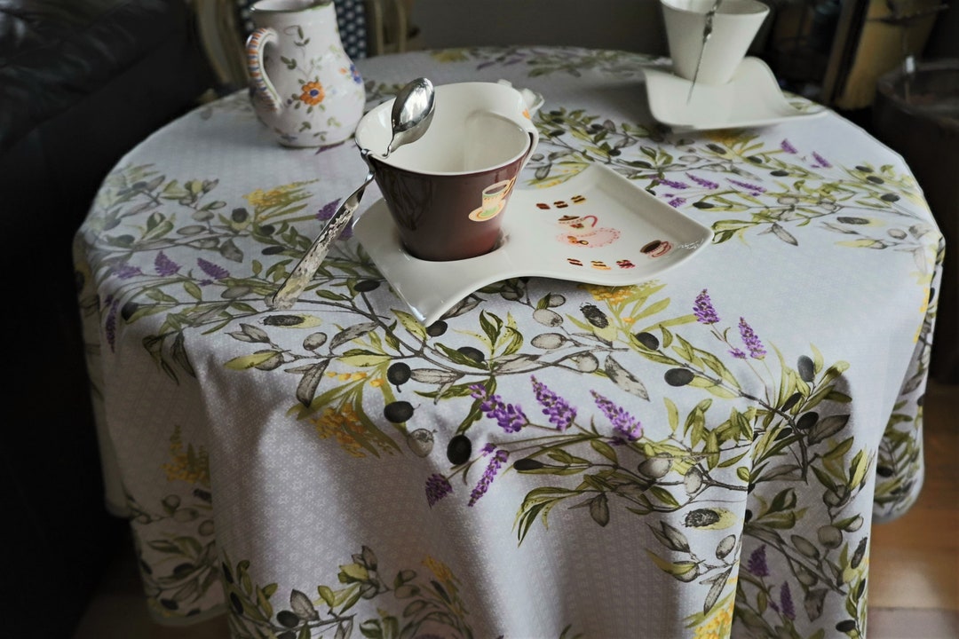 SPILLS PROOF Small Round Patio Tablecloth. Olives, Purple Lavender