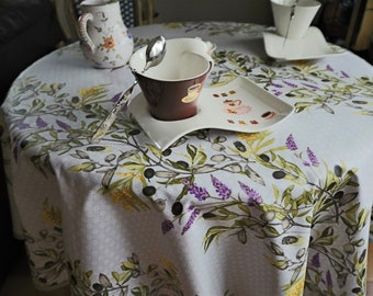 SPILLS PROOF Small Round patio tablecloth. olives, purple Lavender print. French oilcloth Cotton coated kitchen linen easy care fabric