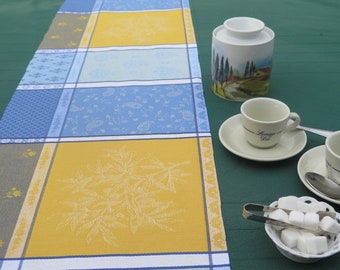 wide Jacquard Cotton coated Table runner Easy care Stain resistant outdoor linen Provence fabric gift for her blue yellow French oilcloth
