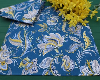 Blue, yellow Napkin. cotton fabric. reusable kitchen linen. paisley print. Fabric from Provence. gift.