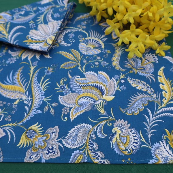 Blue yellow cotton fabric for Cloth reusable napkin. paisley print Provencal kitchen linen Birthday MOM gift for her. eco friendly product