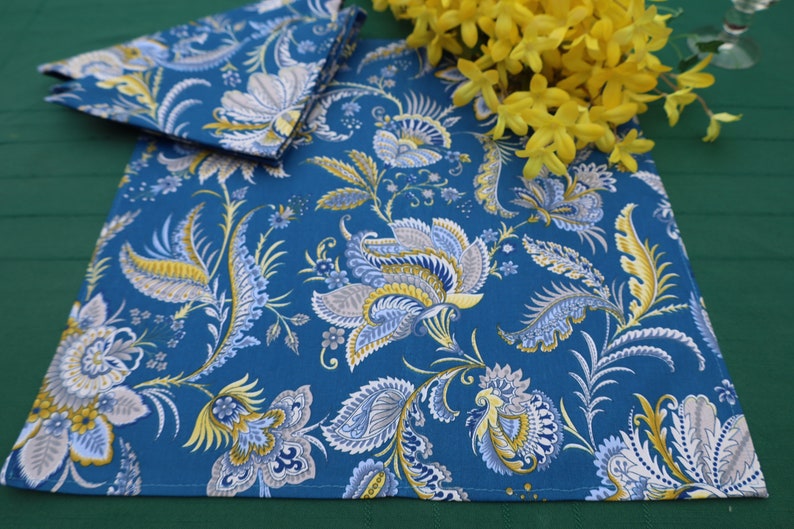 Blue yellow cotton fabric for Cloth reusable napkin. paisley print Provencal kitchen linen Birthday MOM gift for her. eco friendly product image 1