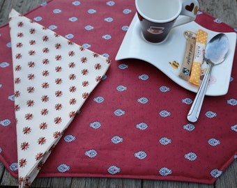 Large Cotton laminated placemat for easy care wipe off stain, reversible, waterproof. Gift for her him under 25. Burgundy white print