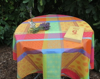 Large Round Jacquard Cotton Coated Tablecloth Unique wipeable kitchen linen. Mother's day gift birthday Provence Orange pink Paisley print