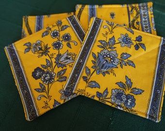 Set of 4 handmade Fabric Coasters Table protection Flowers print red yellow  Cotton coated. Wipe-able easy care gift for her under 25