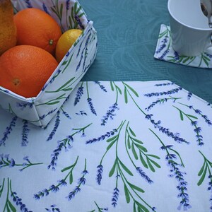 Lavender lover gift Extra long Rectangular tablecloth French oilcloth Cotton coated wipe off stain Purple white background Next day shipping image 9
