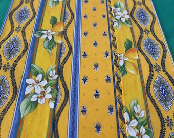 Unique reversible table runner indoor outdoor linen Fabric from Provence floral print blue yellow fabric Quilted table runner easy care