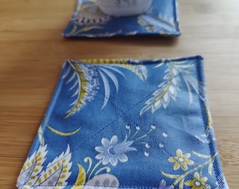 Easy care Table Protection. Valentine Lavender lover Gift under 25. Set of 4 cotton fabric coated coaters waterproof Blue yellow fabric