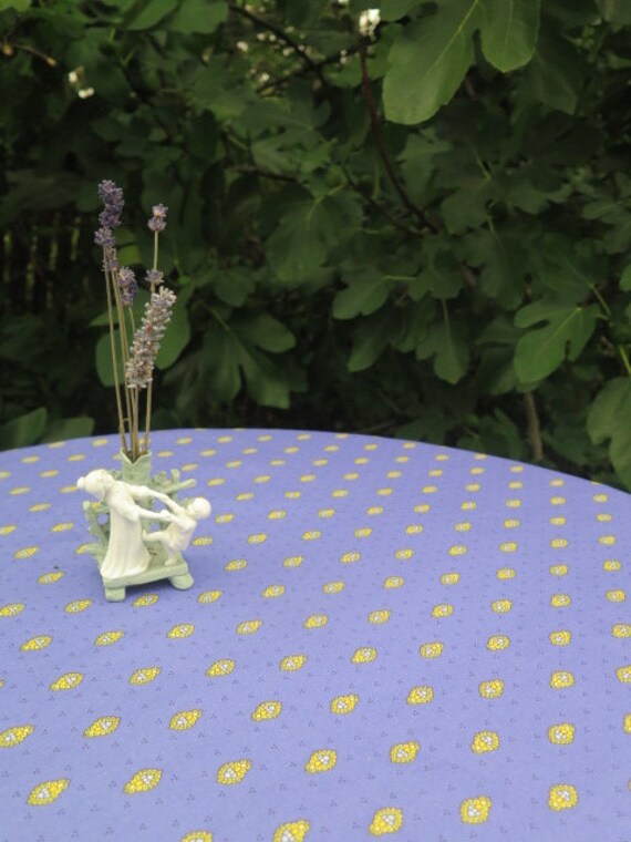 Round tablecloth. Cotton coated fabric. French Provence print. Easy care wipe-able stain proof yellow bee in purple and yellow Birthday gift