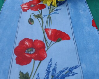 Red poppies in light blue Table Runner Cotton French laminated fabric. gift for her under 50 French table setting Fabric with Lavender