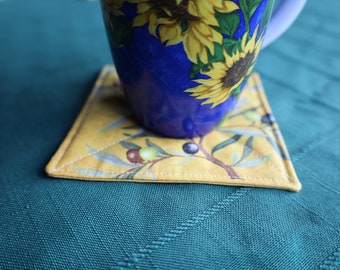 Table protection. Set of 4 Coasters Cotton coated Waterproof easy care. Olives lover birthday Provence gift for her for him under 25 yellow