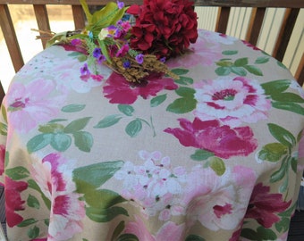 Floral print Burgundy white flowers Bistro small round cotton coated tablecloth. Spring Summer outddor setting. Easy care wipe off stains