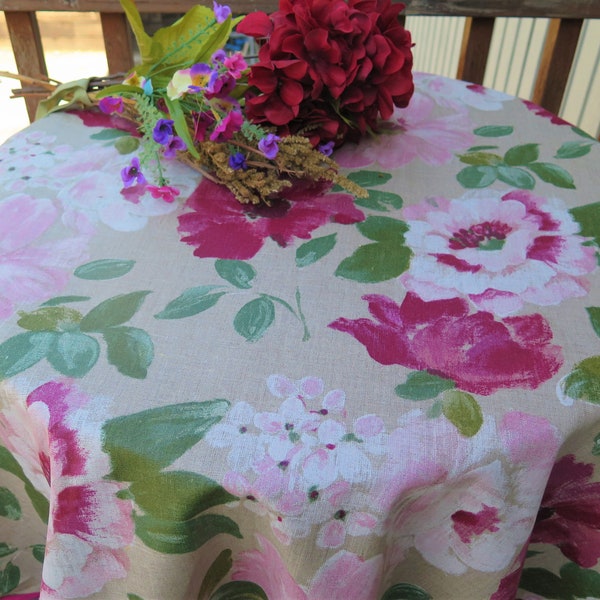 Floral print Burgundy white flowers Bistro small round cotton coated tablecloth. Spring Summer outddor setting. Easy care wipe off stains