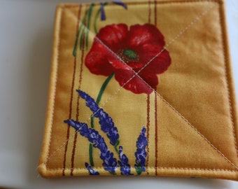 fabric coaters Set of 4 Cotton coated Provence Red poppies print Purple lavender print in yellow Table protection gift for her him under 25