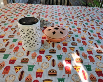 Tablecloth with Food print for kids. Square cotton coated country kitchen linen. Wipe-off stain, Easy care fabric Stain resistant Waterproof