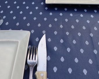 Extra long or small cotton coated French oilcloth tablecloth. Dark blue white flowers fabric from Provence. Indoor outdoor wipe off stain