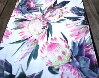 Unique long or short table runner Artichoke print cotton coated fabric. indoor outdoor. Birthday gift for her, him. Ready to ship pink green