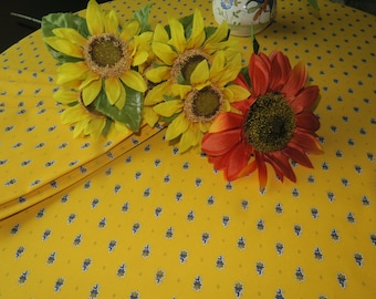 Wipe clean easy care small bistro Round Table cloth. Cotton coated Fabric from Provence Ready to ship gift for her, him. blue bees in yellow