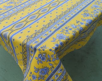 Rectangular provence Tablecloth. Gift for her. Next day shipping Yellow blue fabric flower Floral print Cotton coated Easy care spill proof