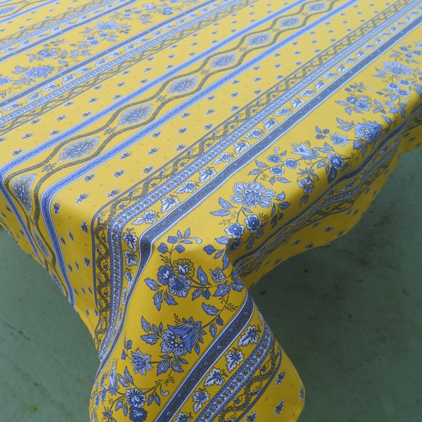 Rectangular provence Tablecloth. Gift for her. Next day shipping Yellow blue fabric flower Floral print Cotton coated Easy care spill proof