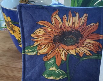 SET of 4 fabric coasters. Sunflower lover Valentine's day gift for her under 25. blue and yellow Fabric of Provence.