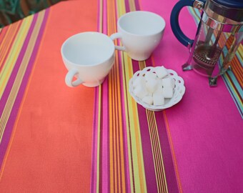 Bistro round tablecloth Stain and water resistant Cotton Coated fabric Easy care wipe off stain TURQUOISE orange stripe. gift Ready to ship