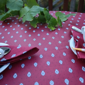 Bistro small Round cotton coated tablecloth. Indoor and outdoor stain free fabric from Provence Easy care wipeable waterproof Burgundy white