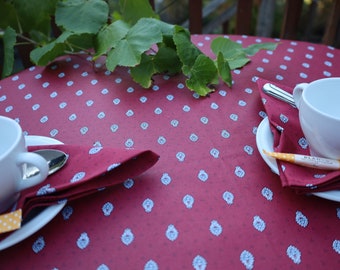 Round 58" diameter cotton coated bistro size small tablecloth. stain free fabric from Provence Easy care wipeable waterproof Burgundy white