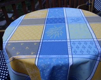 Round tablecloth 60" Diameter for a table up to 4 guests. Blue yellow. Country Lavender olives print. French oilcloth Provence linen.